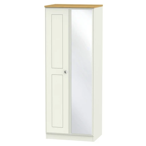 VIC087-CARO - Victoria - Cream Ash with Riviera Oak Top 2 Door Double Tall Mirror Wardrobe