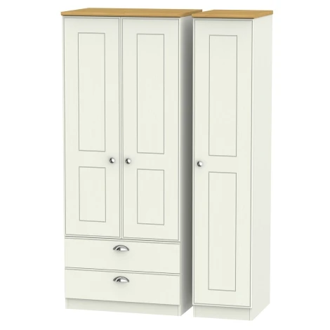 VIC131-CARO - Victoria - Cream Ash with Riviera Oak Top 3 Door 2 Drawer Triple Plain Wardrobe