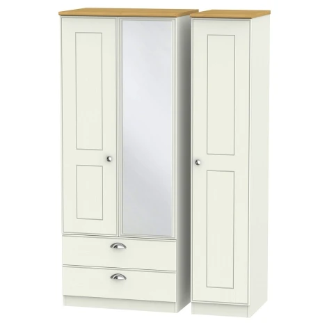 VIC132-CARO - Victoria - Cream Ash with Riviera Oak Top 3 Door 2 Drawer Triple Mirror Wardrobe