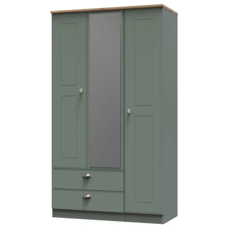 VIC132-RGRO - Victoria - Reed Green with Riviera Oak Top 3 Door 2 Drawer Triple Mirror Wardrobe