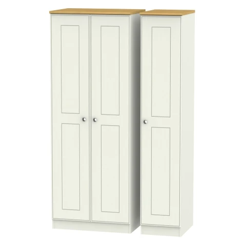 VIC140-CARO - Victoria - Cream Ash with Riviera Oak Top 3 Door Triple Tall Plain Wardrobe