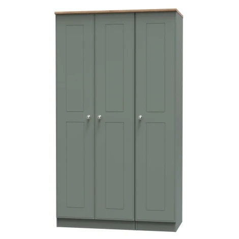 VIC140-RGRO - Victoria - Reed Green with Riviera Oak Top 3 Door Triple Tall Plain Wardrobe