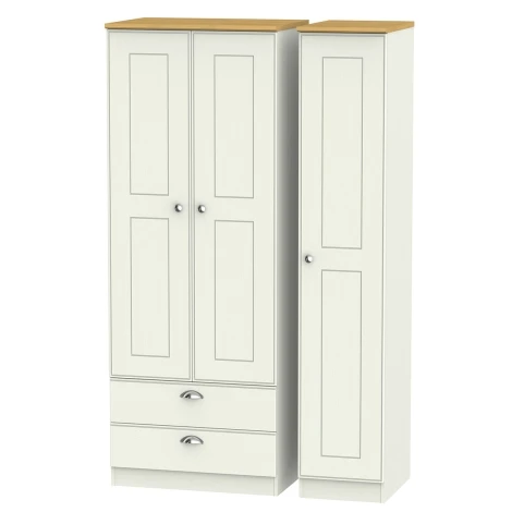 VIC141-CARO - Victoria - Cream Ash with Riviera Oak Top 3 Door 2 Drawer Triple Tall Plain Wardrobe