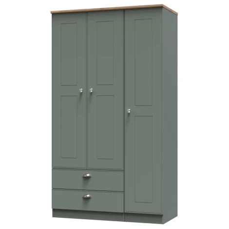 VIC141-RGRO - Victoria - Reed Green with Riviera Oak Top 3 Door 2 Drawer Triple Tall Plain Wardrobe