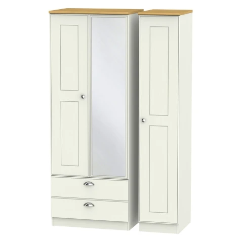 VIC142-CARO - Victoria - Cream Ash with Riviera Oak Top 3 Door 2 Drawer Triple Tall Mirror Wardrobe
