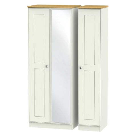 VIC147-CARO - Victoria - Cream Ash with Riviera Oak Top 3 Door Triple Tall Mirror Wardrobe
