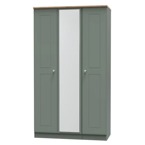 VIC147-RGRO - Victoria - Reed Green with Riviera Oak Top 3 Door Triple Tall Mirror Wardrobe
