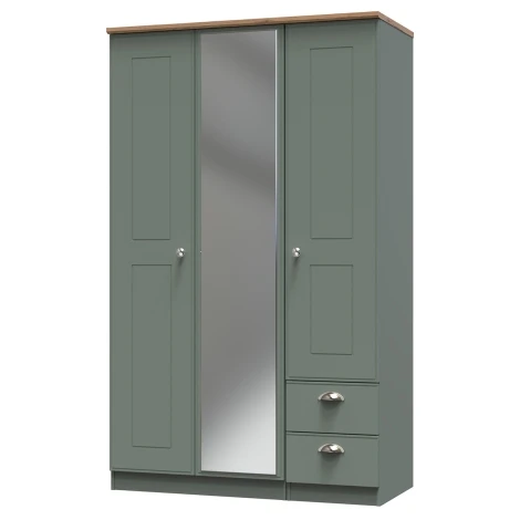 VIC157-RGRO - Victoria Reed Green & Riviera Oak 3 Door 2 Drawer Triple Mirror Wardrobe