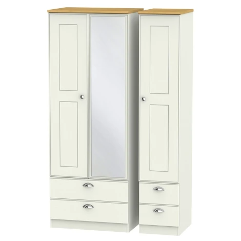 VIC162-CARO - Victoria Cream Ash & Riviera Oak 3 Door 4 Drawer Tall Triple Mirror Wardrobe