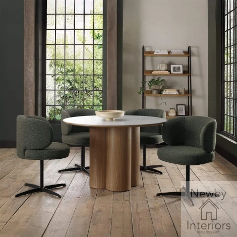 H5170-9 - Warren White Stone Top 1.2m Round Dining Table with Oak Pedestal Base