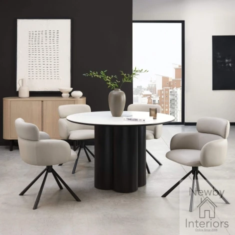 H5175-9 - Warren White Stone Top 1.2m Round Dining Table with Black Pedestal Base