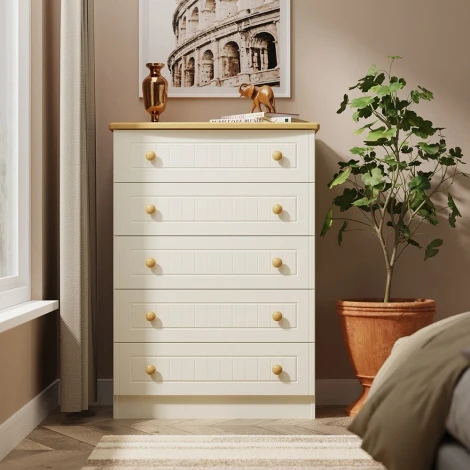 WAR012-CO - Warwick Cream Ash & Modern Oak Top 5 Drawer Chest