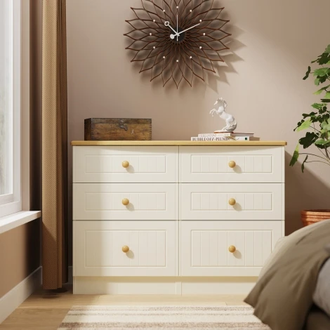 WAR015-CO - Warwick Cream Ash & Modern Oak Midi 6 Drawer Chest