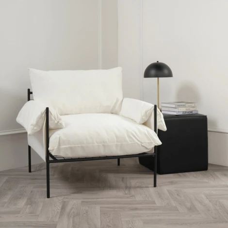 WARWHICHA - Wardour White Textured Weave Accent Chair with Matte Black Metal Frame