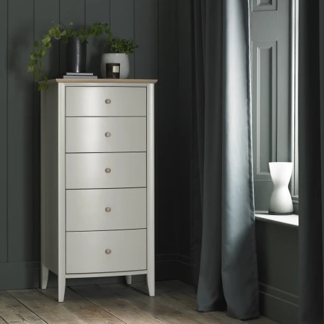 Whitby Scandi Oak & Soft Grey 5 Drawer Chest