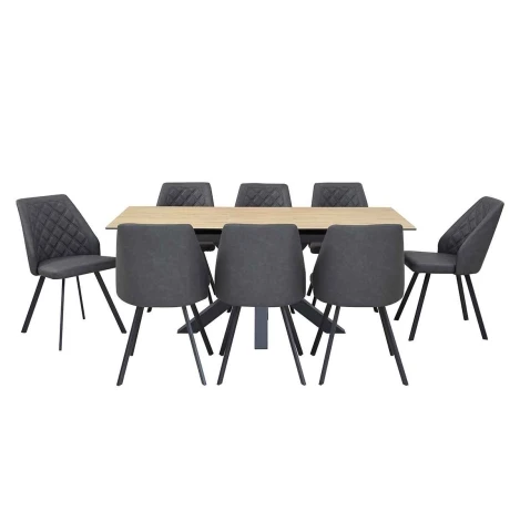 ET2105A-1418-WDN + DC1701 (8) - Wooden Effect Ceramic Extending Large Dining Table Set with 8 Dark Grey Chairs