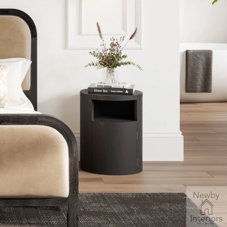 YORBLABSD - Yori Black Grain Wood Effect Cylindrical Design Bedside Cabinet