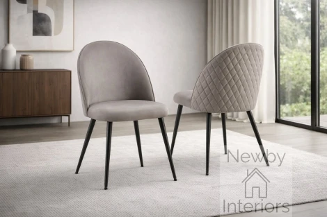 CH-129GR - Zita Grey Velvet Dining Chairs Diamond Stiched Curved Back with Black Metal Legs (Pair)