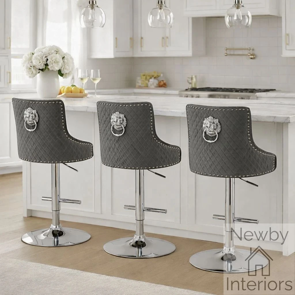 ASR | Majestic Grey Velvet Silver Lion Knocker Bar Stool | Newby